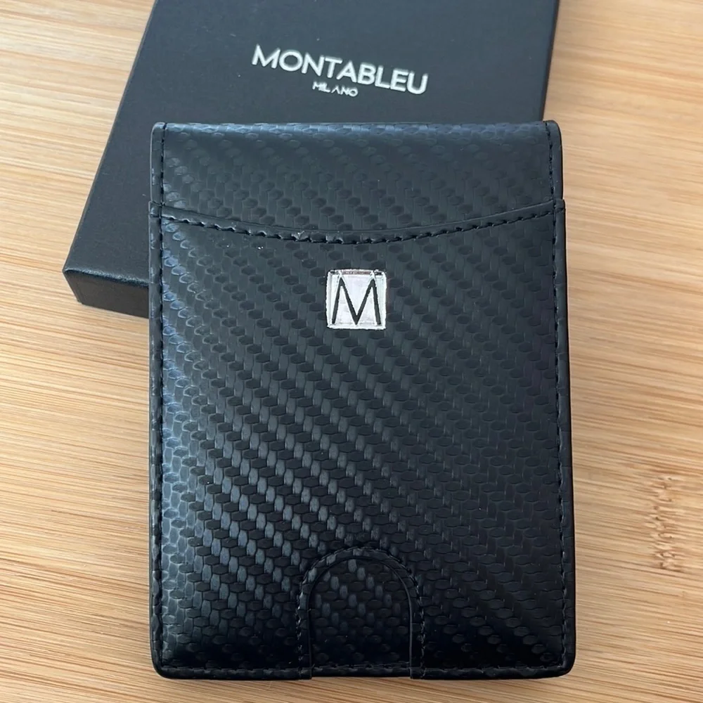 Brand New Montableu Carbon Black Slim Minimalist Wallet w/ Money Clip Executive